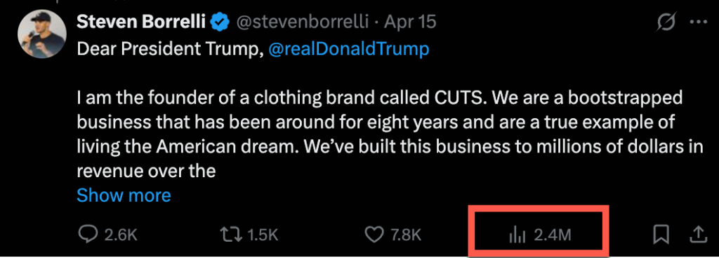 A tweet from Steven Borrelli to Donald Trump about his clothing brand called CUTS