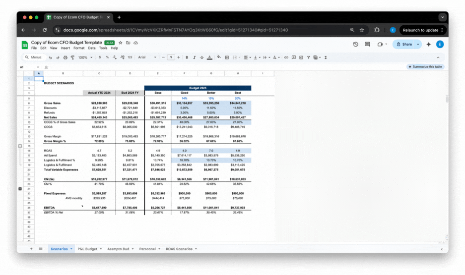 A screenshot of a copy of the different tabs in our Ecom CFO Budget Template in Google Sheets